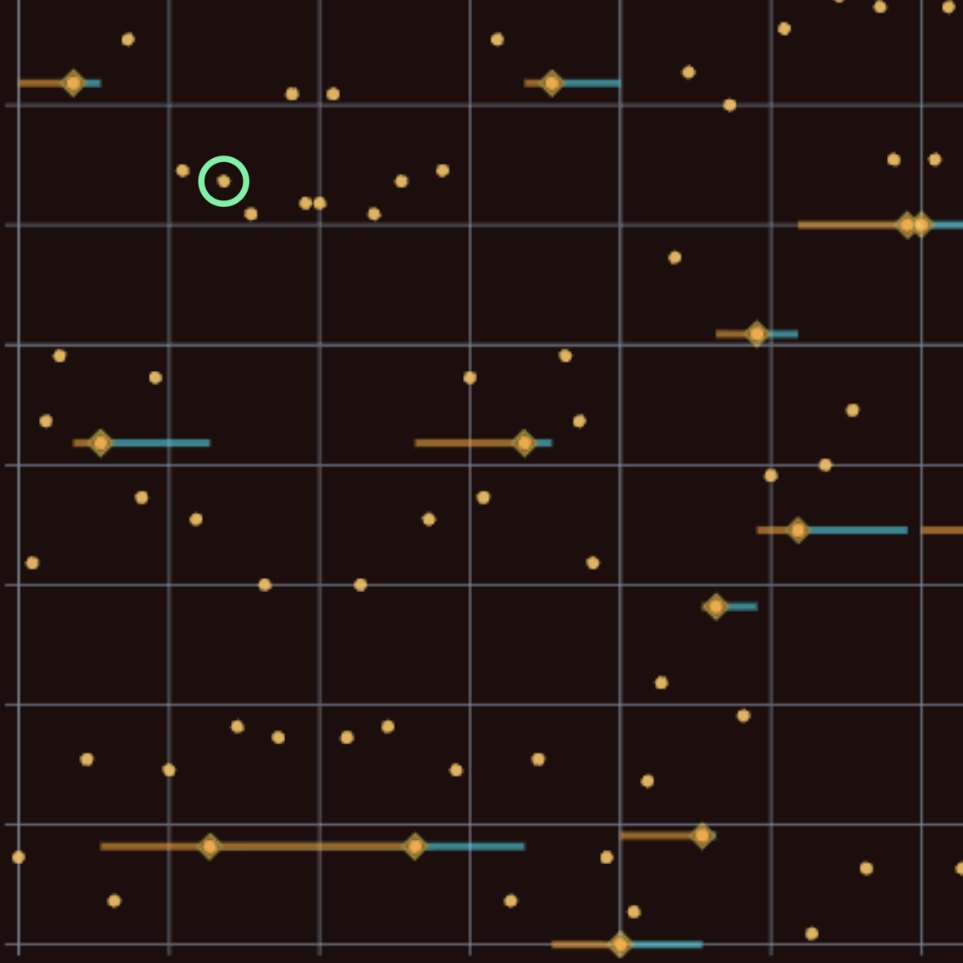 Instrument display: gold diamonds with tails and cyan marks on a dark lattice